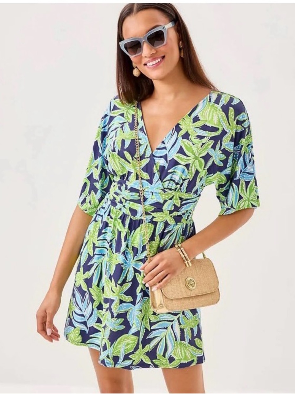 Lilly Pulitzer Navy Floral-Leaf V-Neck Swim Coverup